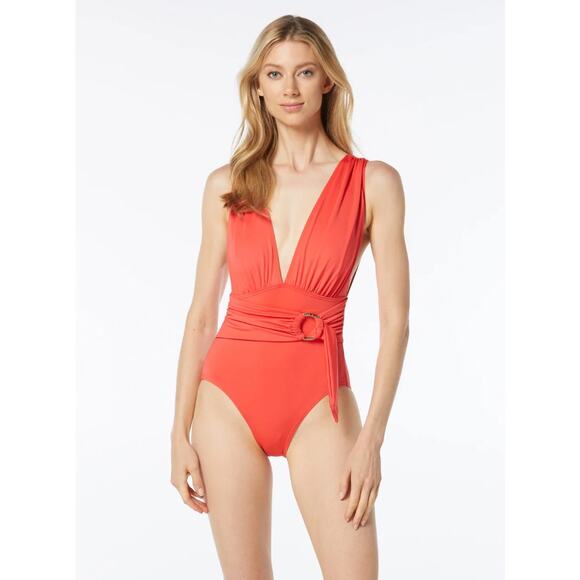 MICHAEL MICHAEL KORS Plunge One Piece Swimsuit 16 Red Sangria Belted NWT - Picture 1 of 11